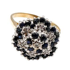 Vintage Sapphire & Diamond Flower Cluster Ring – 9K English Estate 8.5